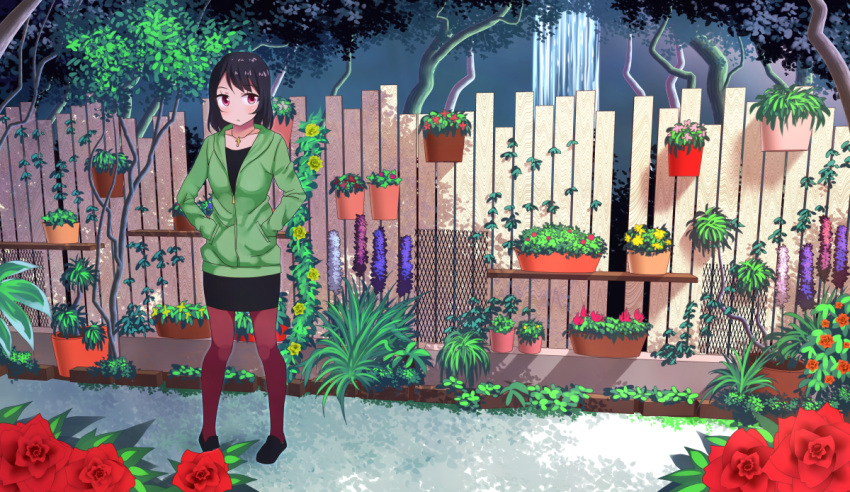 1girl :/ black_dress black_hair cross cross_necklace dress fence flower full_body grass hands_in_pockets jacket jewelry lilac loafers looking_at_viewer necklace original outdoors pantyhose pigeon-toed plant potted_plant red_eyes red_legwear red_rose rose sessuimarine shelf shoes short_hair solo standing track_jacket tree_branch water waterfall wooden_fence