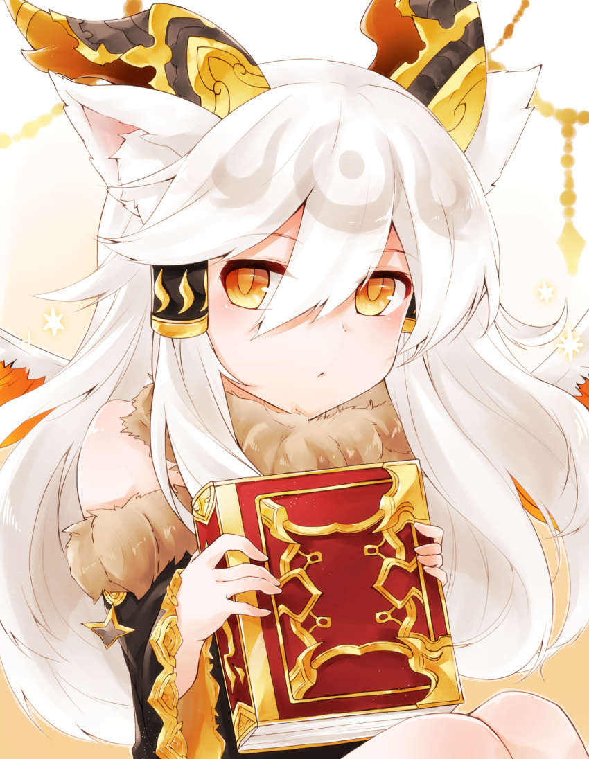 1girl :&lt; animal_ears book detached_sleeves hair_tubes highres horns ilmina_(p&amp;d) kurage_(11649021) long_hair looking_at_viewer orange_eyes pale_skin puzzle_&amp;_dragons solo white_hair