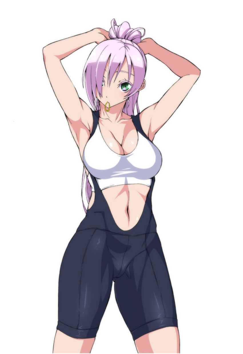 1girl adjusting_hair armpits arms_up bangs bare_shoulders black_shorts breasts cleavage collarbone colored_eyelashes cowboy_shot crop_top gluteal_fold green_eyes hair_between_eyes hair_over_one_eye high_ponytail highres large_breasts legs_apart long_hair looking_at_viewer midriff mouth_hold navel original ozaneko ponytail purple_hair shorts simple_background sleeveless solo stomach suspender_shorts suspenders tying_hair white_background