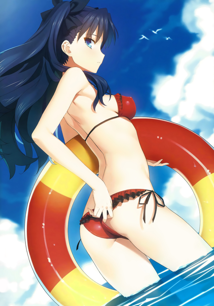 1girl adjusting_clothes adjusting_swimsuit ass bikini black_hair blue_eyes blue_sky bow breasts contrapposto cowboy_shot day eyebrows_visible_through_hair fate/stay_night fate_(series) frilled_bikini frills from_below hair_bow highres innertube long_hair medium_breasts outdoors profile red_bikini scan side-tie_bikini sky solo source_request strap_gap swimsuit tohsaka_rin toosaka_rin two_side_up wading yangsion