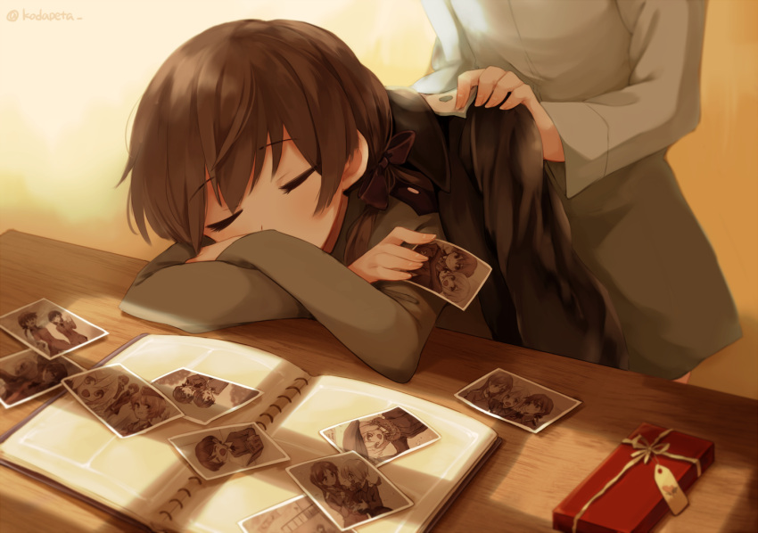 2girls bow box brave_witches brown_hair christiane_barkhorn closed_eyes desk erica_hartmann gertrud_barkhorn gift gift_box hair_bow hair_ribbon hands_on_shoulders indoors jacket_on_shoulders kodamari long_hair minna-dietlinde_wilcke multiple_girls photo_(object) photo_album ribbon shadow sleeping strike_witches twintails waltrud_krupinski world_witches_series
