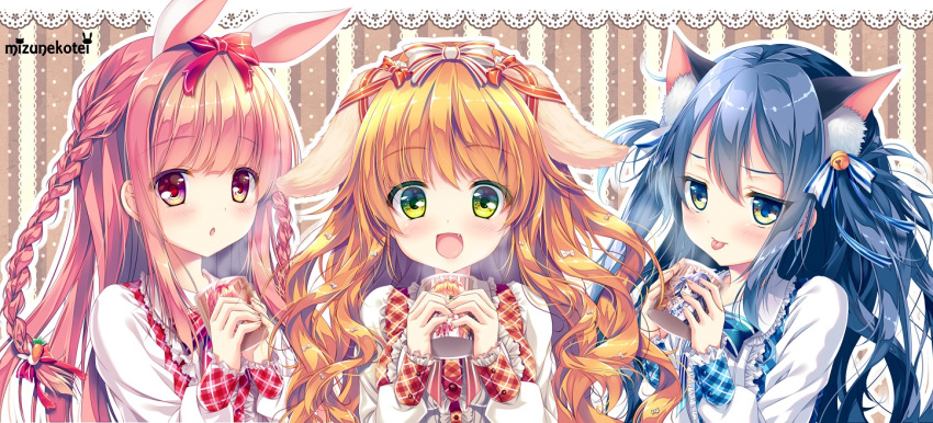 3girls :d :o :p animal_ears bangs bell blouse blue_hair blue_ribbon blush bow braid brown_eyes bunny_girl bunny_hair_ornament carrot_hair_ornament cat_ears cat_girl checkered closed_mouth cup dog_ears dog_girl eyebrows_visible_through_hair fang food_themed_hair_ornament frills green_eyes hair_between_eyes hair_bow hair_ornament hair_ribbon holding holding_cup jingle_bell jitome lace_background long_hair long_sleeves looking_at_viewer mizuki_yuuma multiple_girls open_mouth orange_ribbon original pink_hair polka_dot polka_dot_background rabbit_ears red_ribbon ribbon smile striped striped_bow striped_ribbon tareme tongue tongue_out tress_ribbon two_side_up upper_body vertical-striped_background vertical_stripes wavy_hair white_blouse white_bow yellow_eyes