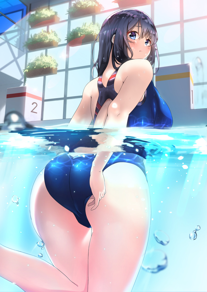 1girl :t absurdres ass back_opening backless_outfit bad_id bangs bare_arms bare_legs bare_shoulders black_hair blue_eyes blue_swimsuit blush breasts bubble closed_eyes competition_swimsuit cowboy_shot day flower_pot from_behind hand_up highres indoors large_breasts leg_up legs_together light_rays long_hair looking_at_viewer looking_back okamen one-piece_swimsuit one_leg_raised original partially_submerged plant pool pout pouty_lips pulled_by_self purple_hair shiny shiny_clothes skin_tight solo standing standing_on_one_leg sunbeam sunlight swimsuit swimsuit_pull thighs water wet wet_clothes wet_hair wet_swimsuit