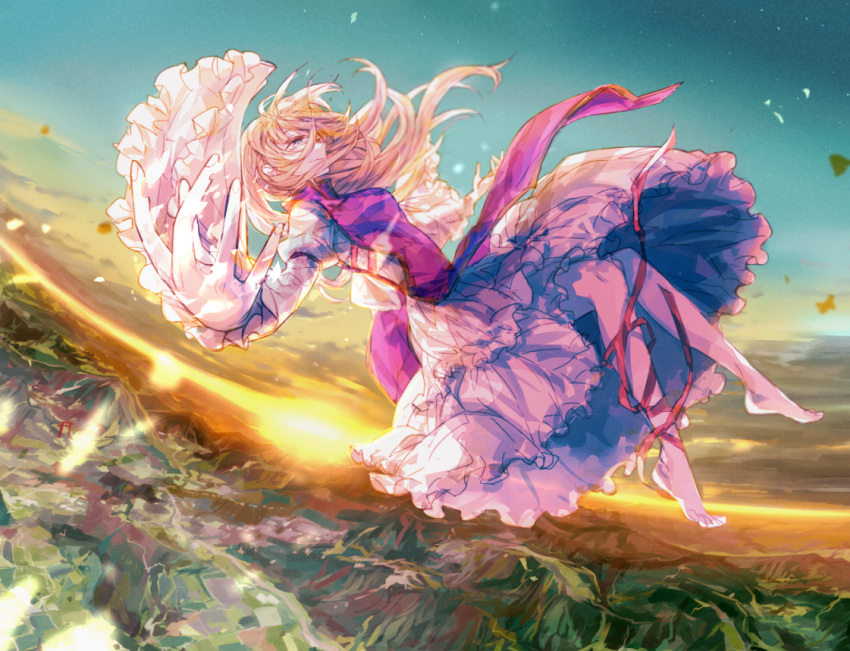 1girl alternate_eye_color backlighting bangs barefoot blonde_hair blue_eyes blue_sky blurry breasts closed_mouth clouds day depth_of_field dress dutch_angle falling field foreshortening frilled_dress frilled_sleeves frills from_side full_body gensoukyou gradient_sky horizon leg_ribbon legs long_hair long_sleeves looking_afar medium_breasts morning mountain no_hat no_headwear open_hands outstretched_arms petals pointy_nose puffy_long_sleeves puffy_sleeves rekka ribbon scenery skinny sky solo star_(sky) sun sunlight sunrise tabard toes torii touhou white_dress wide_sleeves yakumo_yukari