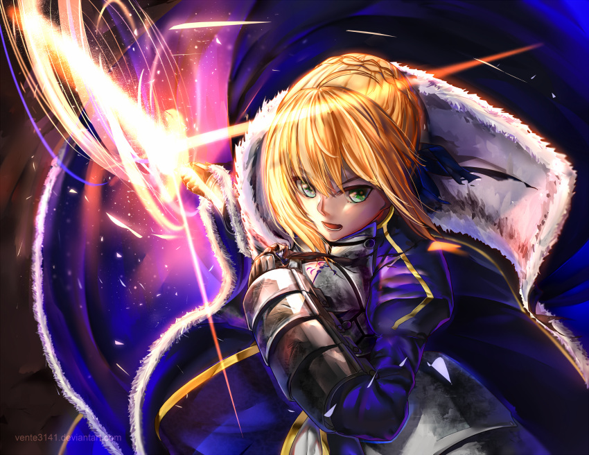 1girl armor armored_dress blonde_hair blue_eyes blue_ribbon deviantart_username excalibur fate/stay_night fate_(series) gauntlets green_eyes hair_ribbon heterochromia highres holding holding_sword holding_weapon open_mouth ribbon saber short_hair solo sword vente3141 weapon