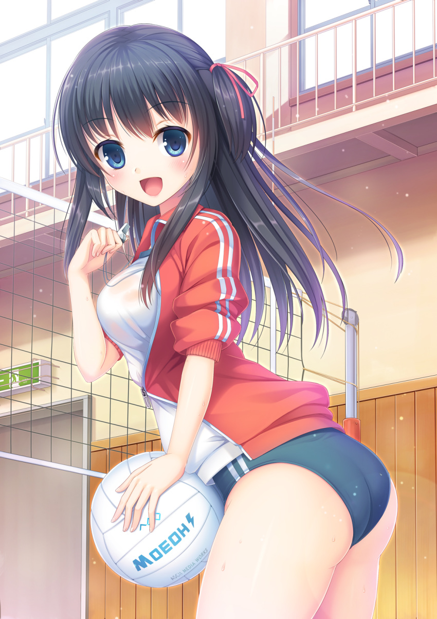 1girl ass ball black_hair blue_eyes breasts buruma from_behind gym_uniform highres jacket long_hair looking_back one_side_up open_mouth original shirt side_ponytail smile solo track_jacket umitonakai volleyball volleyball_net whistle