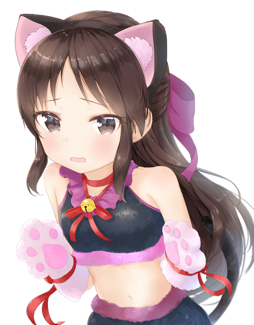 1girl animal_ears bell black_eyes black_hair blush bow breasts brown_eyes brown_hair cat_ears cat_paws hair_bow highres idolmaster idolmaster_cinderella_girls jingle_bell kashiwamochi_roko long_hair looking_at_viewer navel open_mouth paws ribbon simple_background small_breasts solo tachibana_arisu white_background