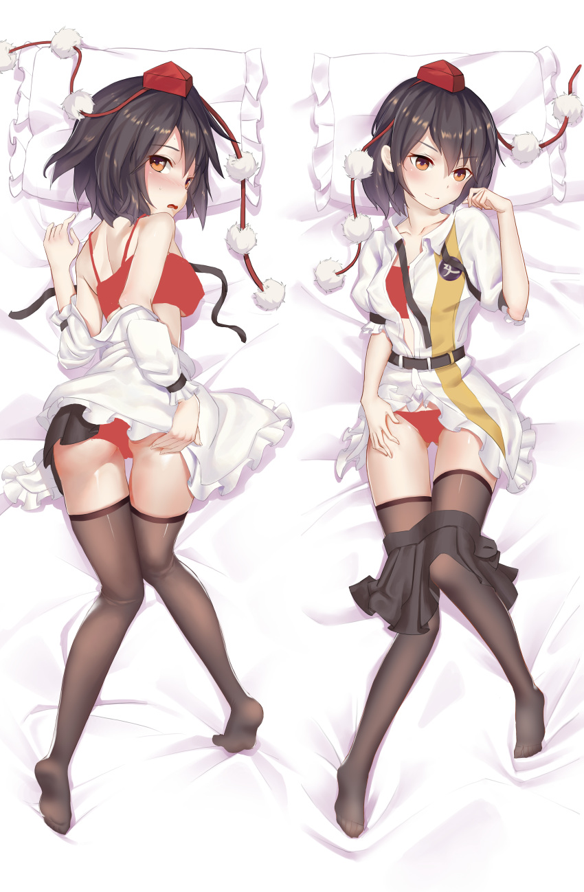 1girl absurdres ass ass_grab bed bed_sheet belt black_ribbon black_skirt blush bra breasts brown_eyes brown_hair brown_legwear closed_mouth collarbone collared_shirt dakimakura eyebrows_visible_through_hair fingernails frilled_pillow frilled_shirt frills full_body hair_between_eyes hand_on_ass hat highres lying medium_breasts multiple_views neck_ribbon off_shoulder on_back on_bed on_stomach open_clothes open_mouth open_shirt panties pillow pleated_skirt pom_pom_(clothes) red_bra red_panties ribbon shameimaru_aya shirt short_hair skirt skirt_down sleeveless smile solo spaghetti_strap sweatdrop thigh-highs thigh_gap tokin_hat touhou unbuttoned unbuttoned_shirt underwear xiaoman_tu