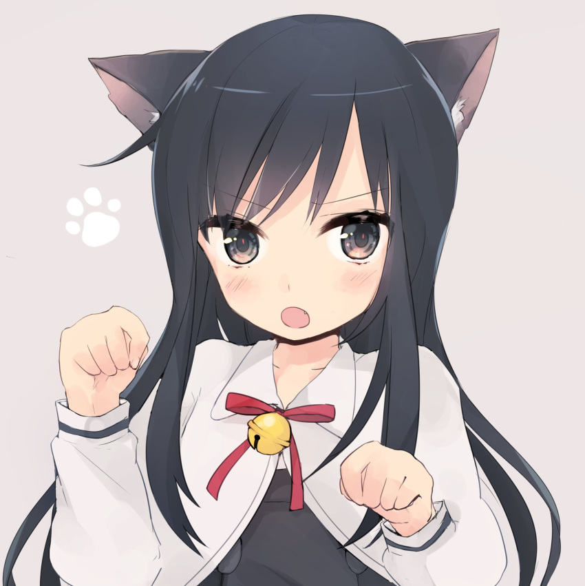 &gt;:o 1girl :o animal_ears asashio_(kantai_collection) bell black_hair blush brown_eyes cat_ears collarbone curled_fingers highres jingle_bell kantai_collection kayuma kemonomimi_mode long_hair looking_at_viewer open_mouth paw_pose paw_print remodel_(kantai_collection) simple_background solo
