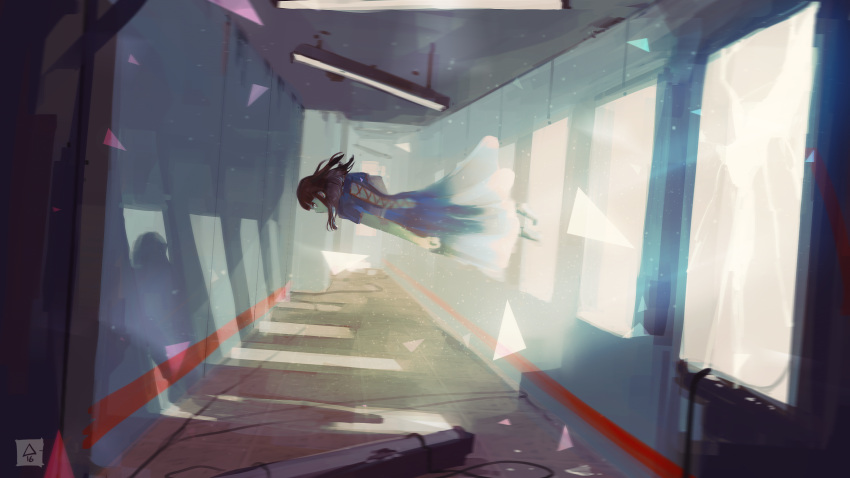 1girl bangs blue_dress broken_window brown_hair cross-laced_clothes dress dutch_angle erica_june_lahaie from_behind full_body glass hallway highres lamp looking_back original shadow signature solo window