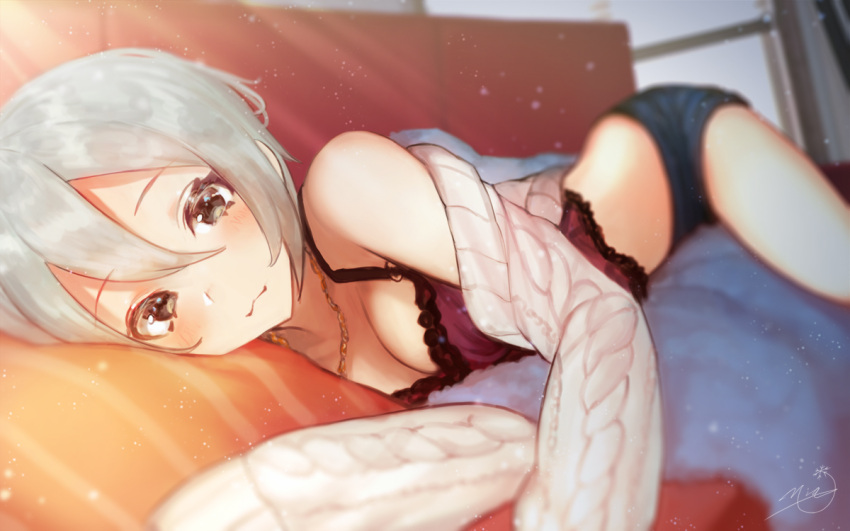 1girl :3 black_eyes blurry blush breasts cleavage depth_of_field grey_hair idolmaster idolmaster_cinderella_girls idolmaster_cinderella_girls_starlight_stage jewelry looking_at_viewer mia_(miaflocon) necklace off-shoulder_sweater shiomi_shuuko short_hair signature solo sweater