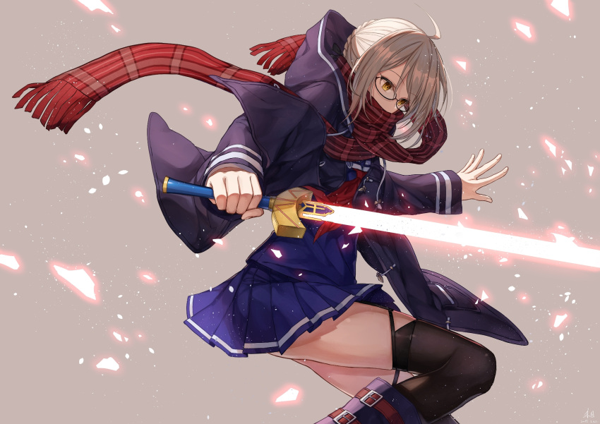 1girl ahoge artist_request black-framed_eyewear black_legwear blonde_hair dark_persona excalibur fate/grand_order fate_(series) from_side glasses glowing glowing_sword glowing_weapon heroine_x heroine_x_(alter) highres holding holding_sword holding_weapon jacket light_particles looking_down outstretched_hand plaid plaid_scarf red_scarf saber scarf scarf_over_mouth school_uniform semi-rimless_glasses simple_background solo sword thigh-highs under-rim_glasses weapon yellow_eyes zettai_ryouiki