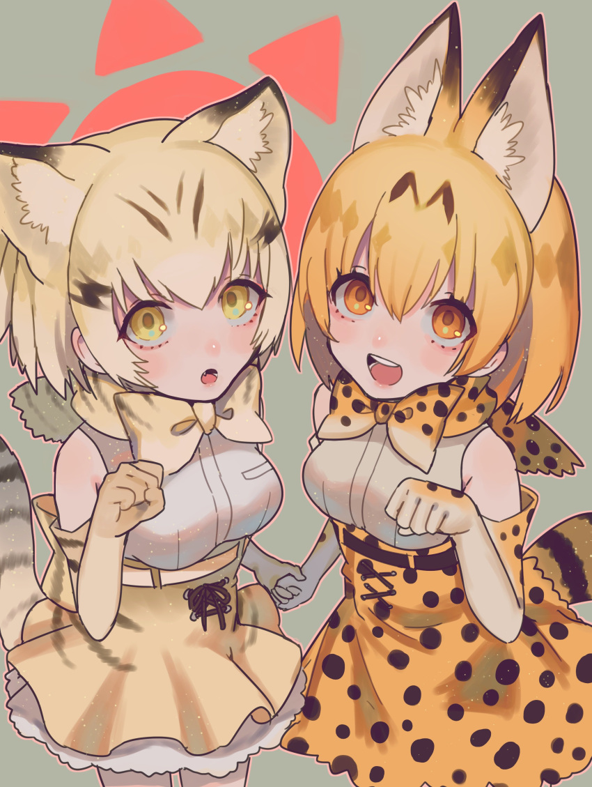 2girls :d :o absurdres animal_ears bare_shoulders blonde_hair bow bowtie breasts cat_ears cat_tail cowboy_shot cross-laced_clothes elbow_gloves eyelashes fang frilled_skirt frills gloves grey_background hair_between_eyes hand_holding highres kemono_friends kirudai lace looking_at_viewer looking_up medium_breasts multicolored_hair multiple_girls open_mouth orange_eyes orange_hair paw_pose pocket sand_cat_(kemono_friends) sanpaku serval_(kemono_friends) serval_ears serval_tail shirt short_hair sidelocks skirt sleeveless sleeveless_shirt smile striped_tail tail tareme teeth white_shirt yellow_eyes