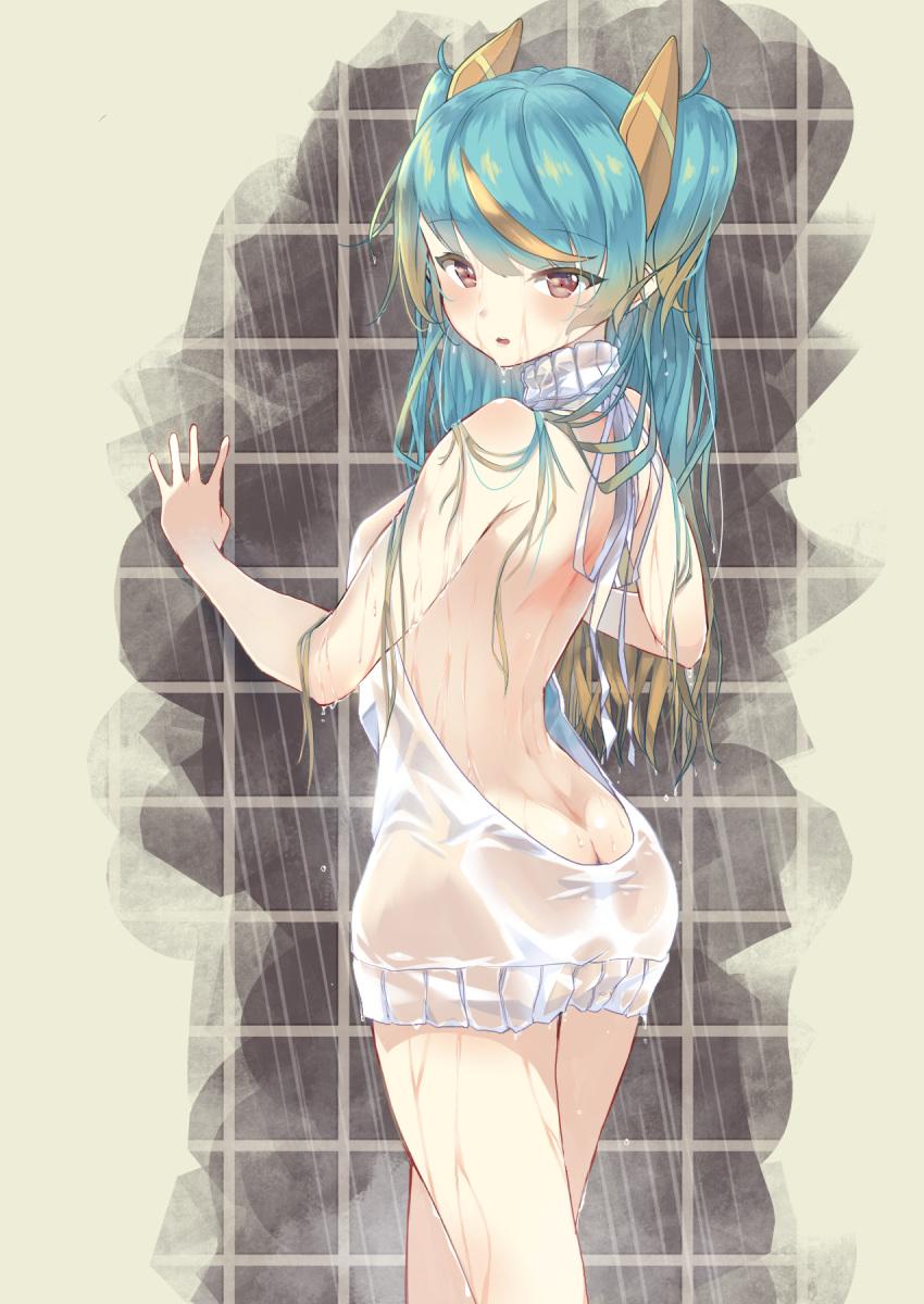 1girl aqua_hair ass back brown_eyes carillus dress from_behind highres long_hair looking_at_viewer meme_attire original see-through solo sweater sweater_dress two_side_up virgin_killer_sweater wet wet_clothes