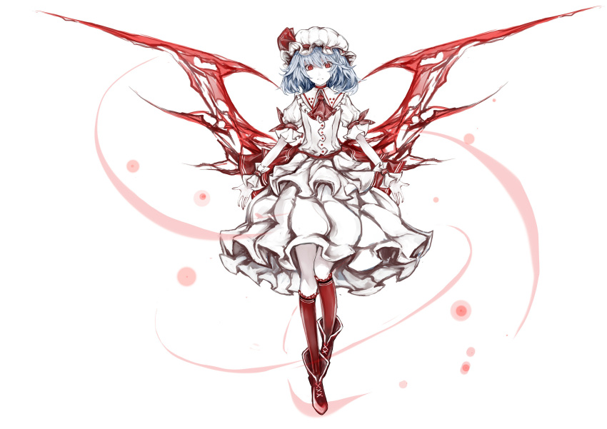 1girl absurdres arms_at_sides ascot bangs blue_hair boots closed_mouth frilled_shirt_collar frills full_body hat hat_ribbon highres kneehighs looking_at_viewer mob_cap pale_skin puffy_short_sleeves puffy_sleeves red_boots red_eyes red_legwear red_wings remilia_scarlet ribbon shirt short_sleeves skirt skirt_set solo touhou white_shirt white_skirt wings wrist_cuffs yutapon