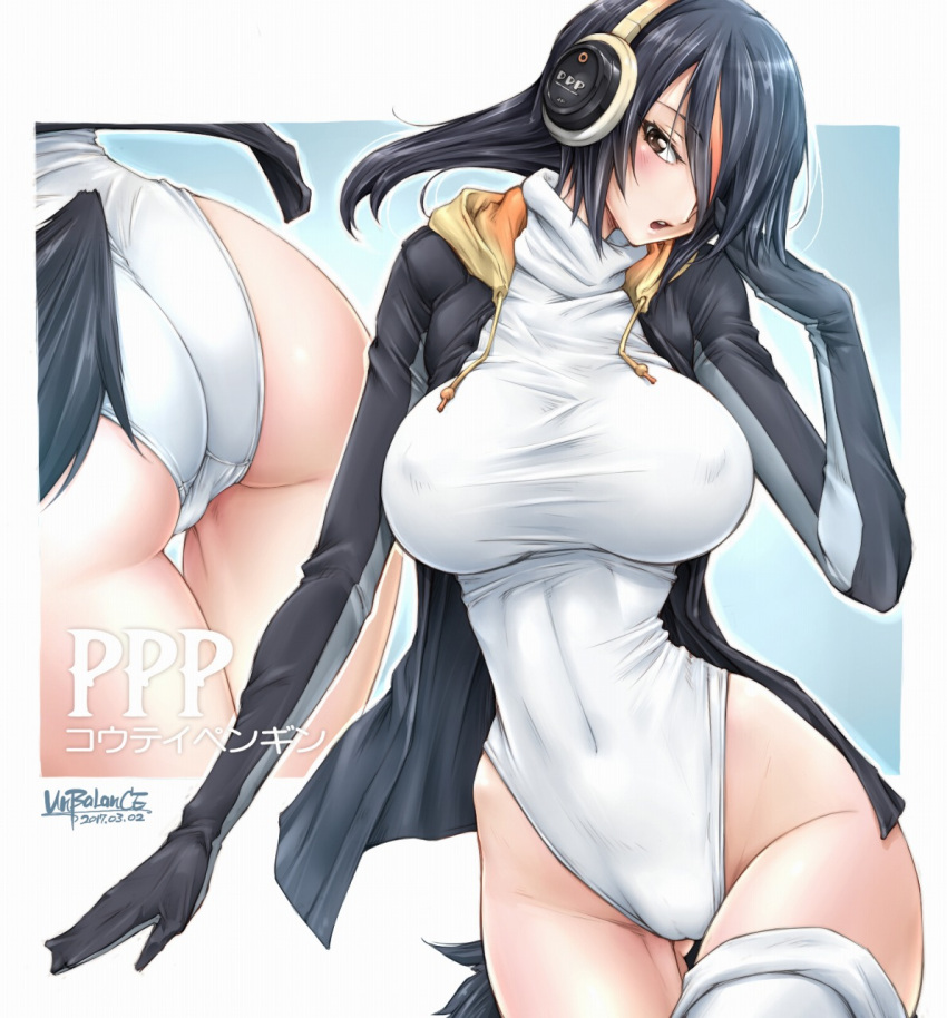 1girl ass black_hair breasts brown_eyes character_name covered_navel cowboy_shot emperor_penguin_(kemono_friends) gluteal_fold hair_over_one_eye headphones highres hood hoodie kemono_friends large_breasts leotard looking_at_viewer multicolored_hair multiple_views thigh-highs unbalance white_legwear white_len_(cat)