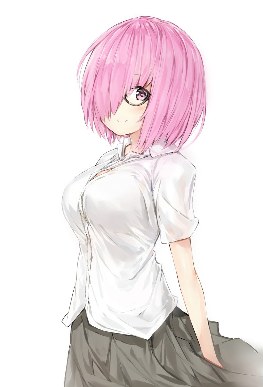 1girl bangs black-framed_eyewear blush breasts closed_mouth collared_shirt cowboy_shot dress_shirt eyebrows_visible_through_hair fate/grand_order fate_(series) glasses grey_skirt hair_over_one_eye highres large_breasts looking_at_viewer pink_hair semi-rimless_glasses shielder_(fate/grand_order) shirt short_hair short_sleeves silver_(chenwen) simple_background skirt smile solo tareme under-rim_glasses violet_eyes white_background white_shirt