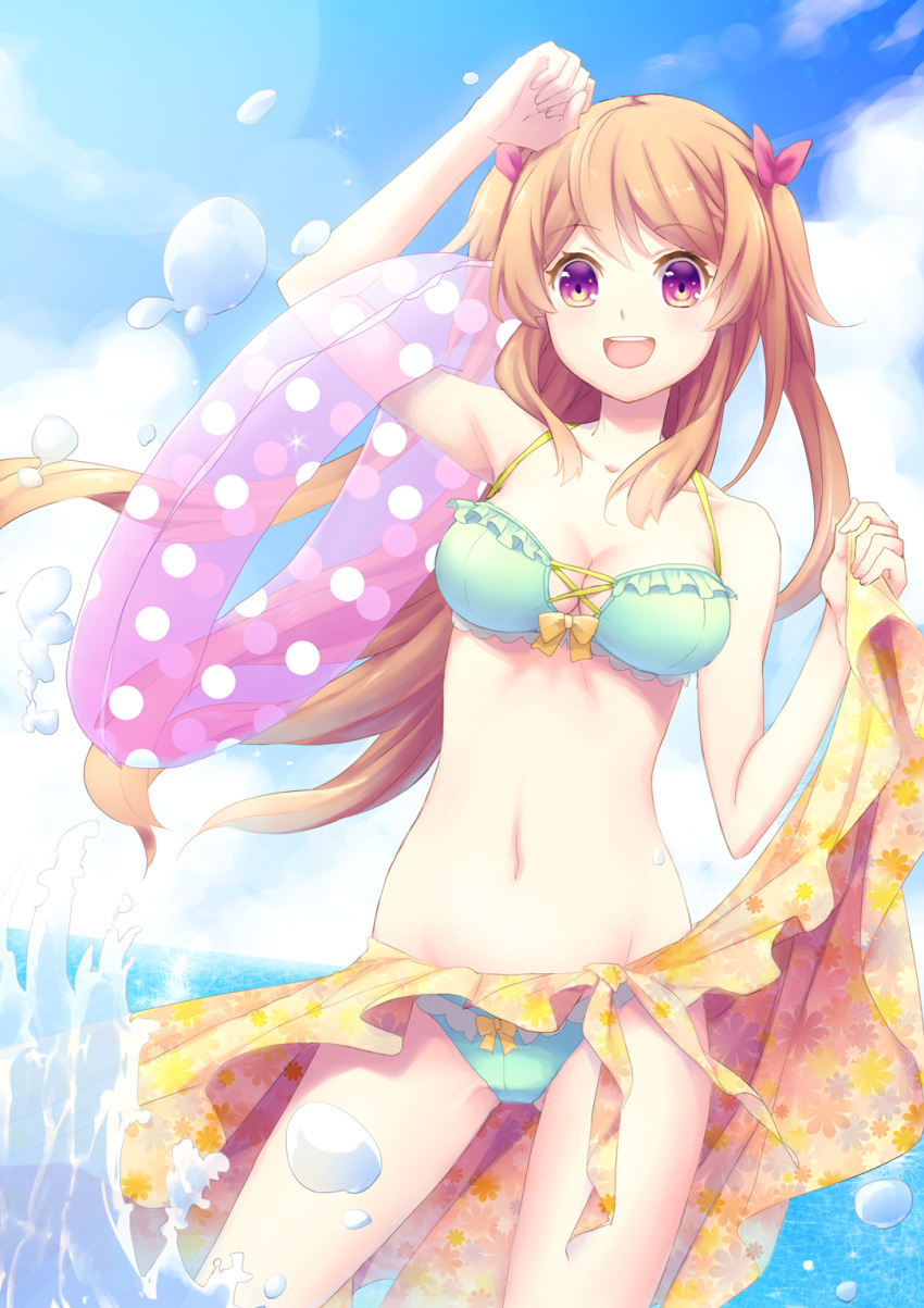 1girl :d bikini bow bow_bikini breasts brown_hair character_request cleavage copyright_request gluteal_fold green_bikini hair_bow highres innertube lens_flare long_hair looking_at_viewer medium_breasts moe2014 navel open_mouth original polka_dot_innertube sabu sarong smile solo swimsuit twintails two_side_up very_long_hair water