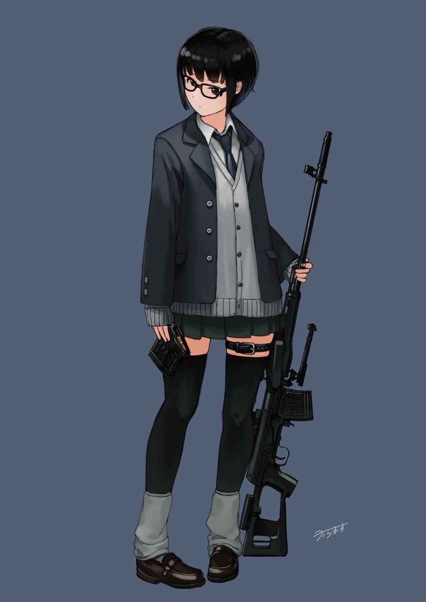 1girl absurdres black_hair dragunov_svd full_body glasses gun highres holding holding_weapon jacket karamas loafers original pigeon-toed rifle shoes simple_background sniper_rifle solo thigh-highs thigh_strap weapon