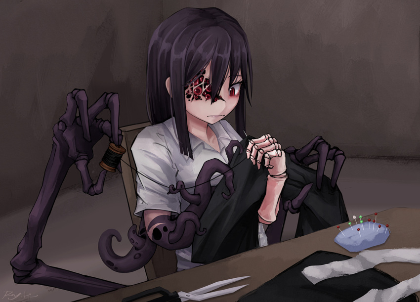 1girl ageha_(ray-k) artist_name black_hair chair cloth extra_arms hair_between_eyes long_hair monster_girl multiple_pupils needle original pin pincushion ray-k red_eyes scissors sewing shirt sidelocks signature sitting slit_pupils solo spool string table tentacle white_shirt