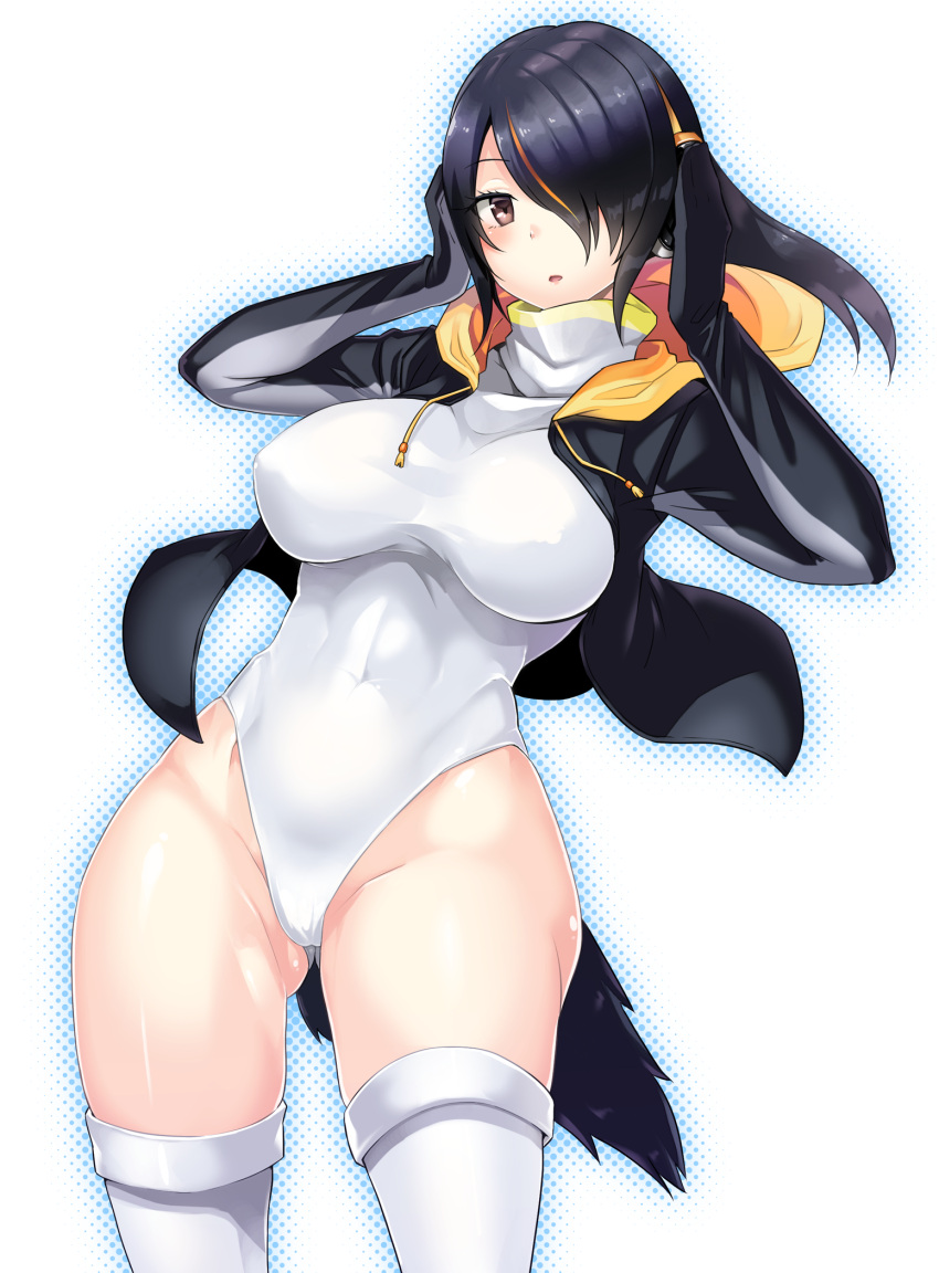 1girl black_hair breasts brown_eyes covered_navel emperor_penguin_(kemono_friends) gluteal_fold hair_over_one_eye highres hood hooded_jacket jacket kemono_friends large_breasts leotard looking_at_viewer solo tail thigh-highs tsukasa_(evening-g-low) white_legwear