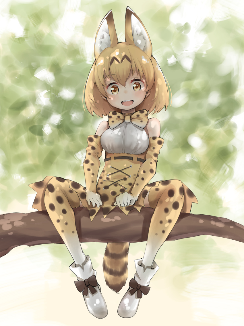 1girl absurdres animal_ears bare_shoulders blonde_hair blush bow bowtie elbow_gloves gloves haru_(renol) highres in_tree kemono_friends looking_at_viewer open_mouth serval_(kemono_friends) serval_ears serval_print serval_tail shoes short_hair sitting sitting_in_tree skirt sleeveless smile solo tail thigh-highs tree yellow_eyes