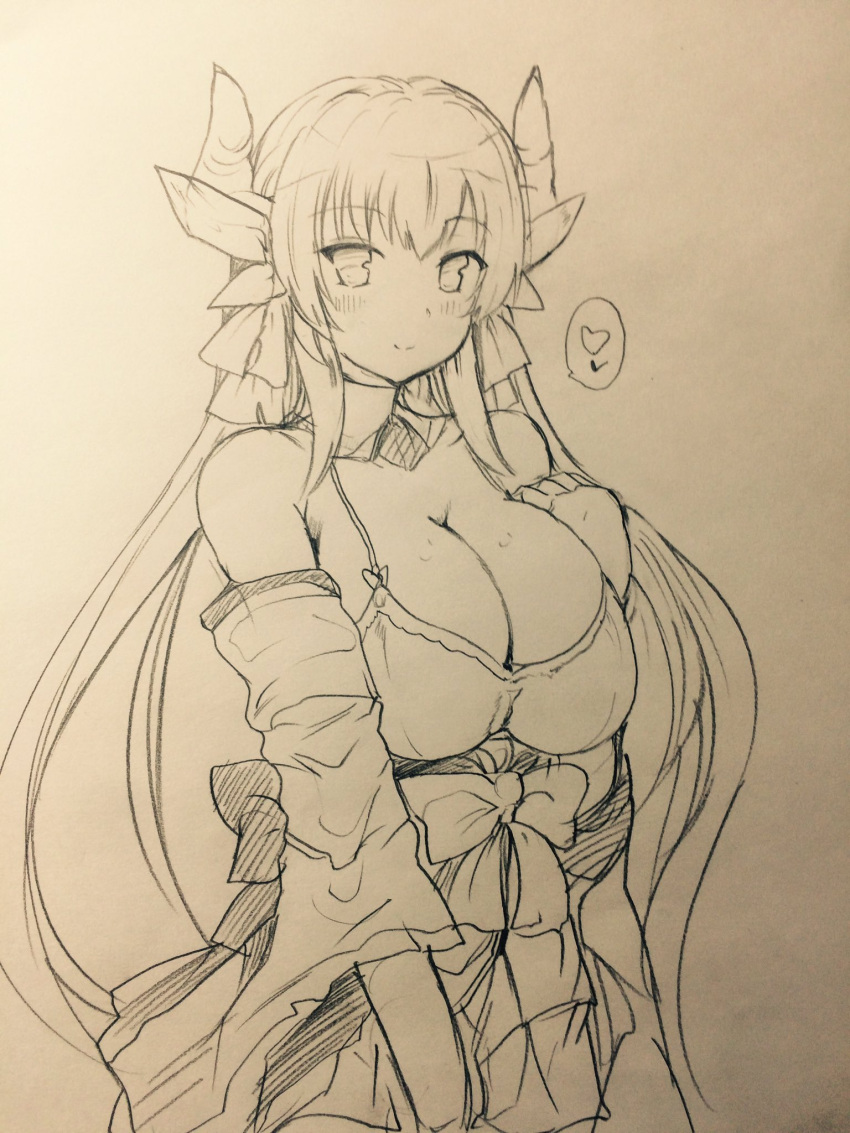 1girl bare_shoulders bow breasts cleavage detached_sleeves fate/grand_order fate_(series) graphite_(medium) highres horns kiyohime_(fate/grand_order) large_breasts long_hair monochrome naoyama_masaru sketch traditional_media