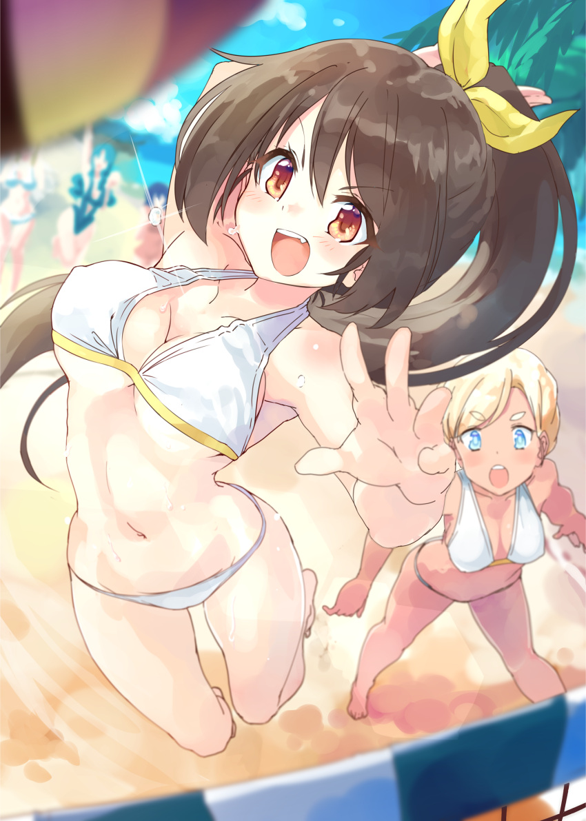 &gt;:d &gt;:o 5girls :d :o aqua_hair arm_up beach beach_volleyball bikini blonde_hair blue_eyes blue_hair blurry blush breasts brown_eyes brown_hair cheering cleavage collarbone depth_of_field eyebrows_visible_through_hair foreshortening halter_top halterneck hand_up highres long_hair looking_at_another medium_breasts moe2017 multiple_girls naka_akira open_mouth original ponytail ribbon smile solo_focus standing swimsuit tan teeth thick_eyebrows very_long_hair volleyball volleyball_net white_bikini yellow_ribbon