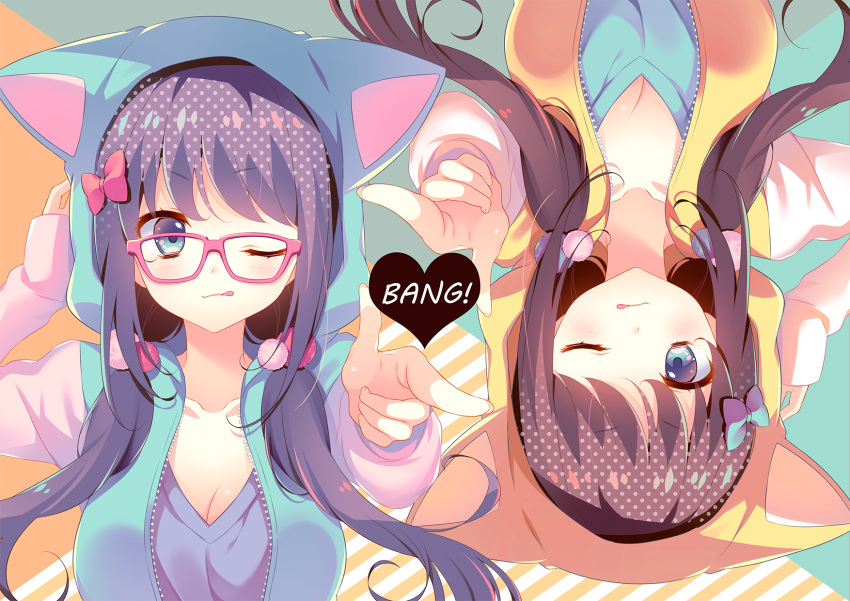 &gt;;q 2girls animal_hood arm_up bangs blue_bow blue_eyes blush bow breasts brown_hair cat_hood cleavage closed_mouth collarbone eyebrows_visible_through_hair glasses green_background green_sweater hair_bow heart highres hood hood_up hoodie large_breasts long_hair looking_at_viewer low_twintails multiple_girls one_eye_closed open_clothes open_hoodie orange_background original pink-framed_eyewear pink_bow pointing pointing_at_viewer polka_dot purple_hair rotational_symmetry striped striped_background sweater tougetsu_hajime twintails two-tone_background upper_body v-neck yellow_sweater