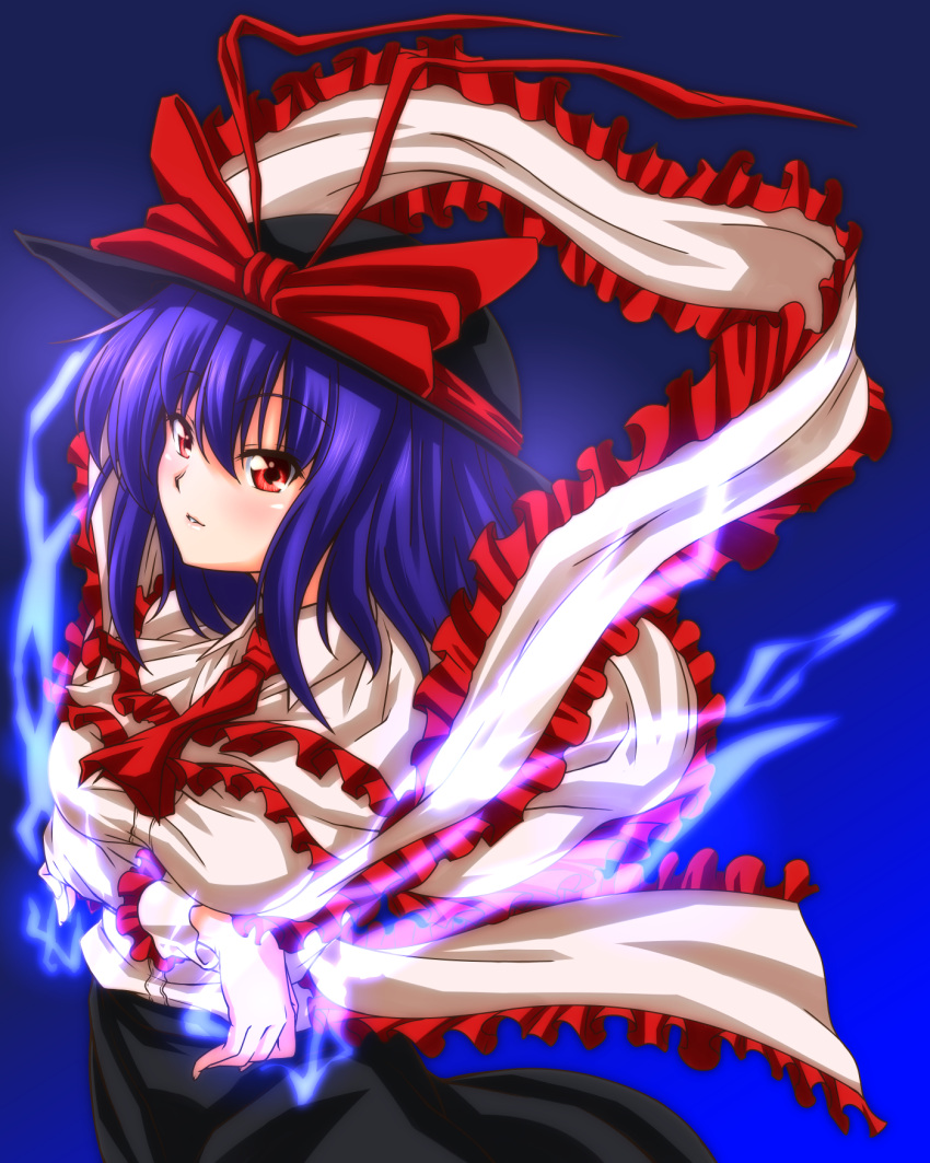 1girl ascot bangs black_hat black_skirt blue_background blush bow breast_hold breasts capelet cowboy_shot crossed_arms electricity frills hat hat_bow hat_ribbon highres large_breasts light_smile long_sleeves looking_at_viewer nagae_iku parted_lips purple_hair red_bow red_eyes red_ribbon ribbon shawl skirt solo tatsuya_(guild_plus) touhou