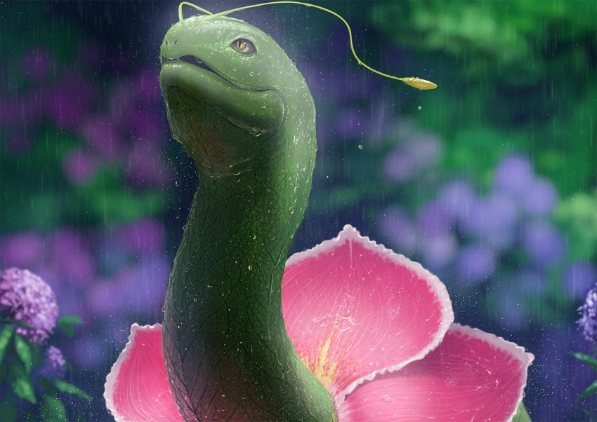 antennae dekunobou_kizakura flower green_skin hydrangea long_neck looking_up meganium no_humans pokemon pokemon_(creature) rain realistic slit_pupils water wet