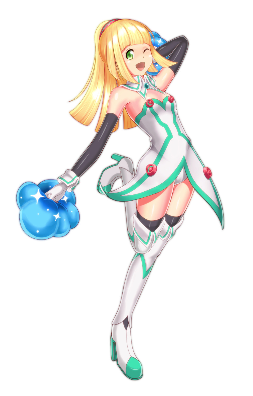 1girl bare_shoulders blonde_hair boots breasts cleavage cosmog cosplay detached_collar full_body gloves green_eyes hacka_doll hacka_doll_1_(cosplay) hair_ornament high_heel_boots high_heels high_ponytail highres lillie_(pokemon) long_hair looking_at_viewer one_eye_closed open_mouth pokemon pokemon_(game) pokemon_sm pom_poms shoukin500 small_breasts smile solo standing standing_on_one_leg thigh-highs thigh_boots