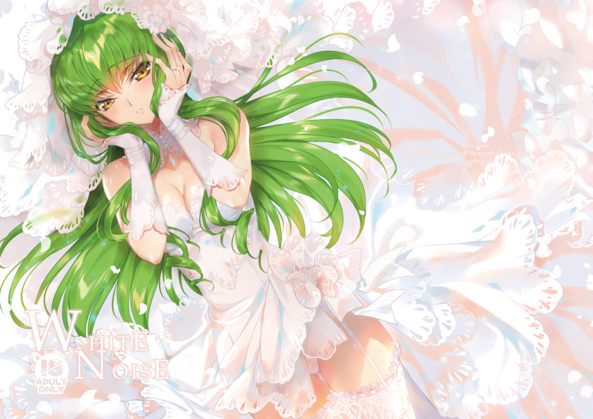 1girl bangs bare_shoulders breasts bridal_veil brown_eyes c.c. cleavage code_geass cover cover_page creayus detached_collar dress dutch_angle eyebrows_visible_through_hair garter_straps gluteal_fold green_hair hands_on_own_cheeks hands_on_own_face jewelry long_sleeves medium_breasts panties parted_lips ring sidelocks solo thigh-highs thigh_gap underwear veil wedding_dress wedding_ring white_dress white_legwear white_panties
