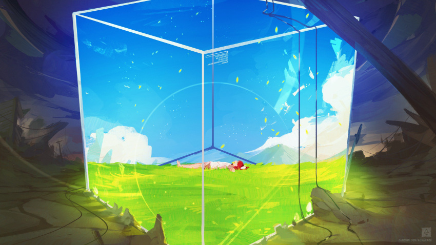 1girl brown_hair cube erica_june_lahaie full_body grass hair_ribbon highres leaf lying on_back redhead ribbon rin_(shelter) road_sign shelter_(music_video) sign signature sky smile solo telephone_pole watermark web_address wire
