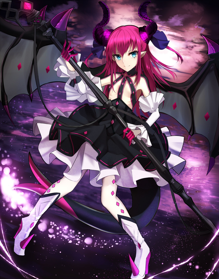 1girl bangs black_skirt blue_eyes boots breasts closed_mouth detached_sleeves dragon_girl dragon_horns dragon_tail dragon_wings fate/extra fate/extra_ccc fate_(series) hair_between_eyes highres holding holding_weapon horns lancer_(fate/extra_ccc) layered_skirt legs_apart long_hair looking_at_viewer pointy_ears polearm purple_hair shiguru skinny skirt small_breasts smile solo standing tail tsurime two_side_up weapon white_skirt wings