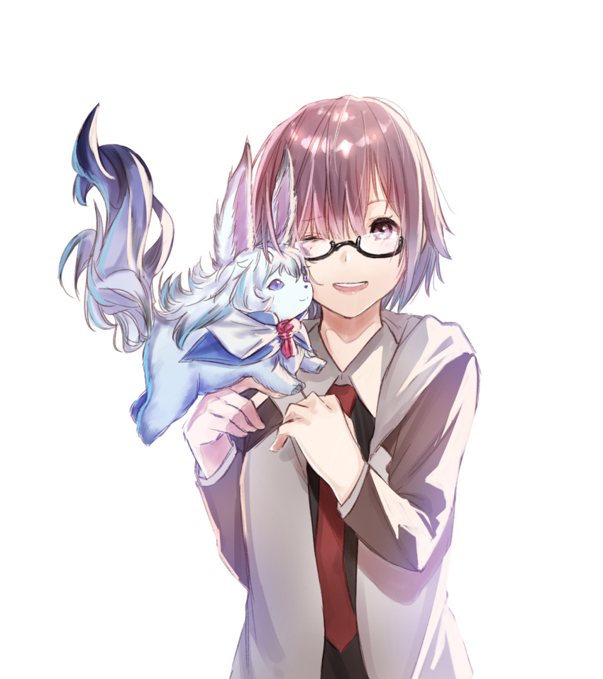 1girl fate/grand_order fate_(series) fou_(fate/grand_order) glasses hair_over_one_eye highres hood hoodie kosai necktie one_eye_closed purple_hair red_necktie semi-rimless_glasses shielder_(fate/grand_order) sketch smile solo under-rim_glasses violet_eyes white_background