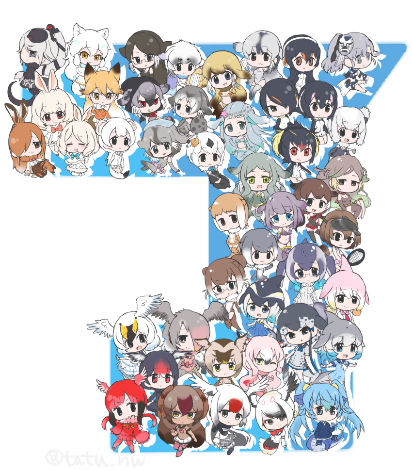 6+girls :3 ^_^ alaskan_sea_otter_(kemono_friends) animal_ears arctic_fox_(kemono_friends) arctic_hare_(kemono_friends) baikal_seal_(kemono_friends) bearded_seal_(kemono_friends) black_swan_(kemono_friends) blue_whale_(kemono_friends) blush california_sea_lion_(kemono_friends) chibi chinese_white_dolphin_(kemono_friends) closed_eyes common_bottlenose_dolphin_(kemono_friends) common_dolphin_(kemono_friends) dugong_(kemono_friends) egyptian_goose_(kemono_friends) emperor_penguin_(kemono_friends) eurasian_otter_(kemono_friends) european_hare_(kemono_friends) fox_ears genbu_(kemono_friends) gentoo_penguin_(kemono_friends) glasses greater_flamingo_(kemono_friends) harp_seal_(kemono_friends) hat head_wings highres hooded_seal_(kemono_friends) humboldt_penguin_(kemono_friends) japanese_otter_(kemono_friends) jinmen-gyo_(kemono_friends) kemono_friends kita_kitsune low_twintails mediterranean_monk_seal_(kemono_friends) mountain_hare_(kemono_friends) multicolored_hair multiple_girls narwhal_(kemono_friends) open_mouth oriental_stork_(kemono_friends) otter_(kemono_friends) otter_ears otter_tail pink-backed_pelican_(kemono_friends) platypus_(kemono_friends) racket red-crowned_crane_(kemono_friends) ringed_seal_(kemono_friends) rockhopper_penguin_(kemono_friends) scarlet_ibis_(kemono_friends) seiryuu_(kemono_friends) smug southern_sea_otter_(kemono_friends) spot-billed_duck_(kemono_friends) standing steller's_sea_cow_(kemono_friends) steller_sea_lion_(kemono_friends) stoat_(kemono_friends) swimsuit tagme tatu_nw tennis_racket tundra_swan_(kemono_friends) twintails twitter_username walrus_(kemono_friends) wings