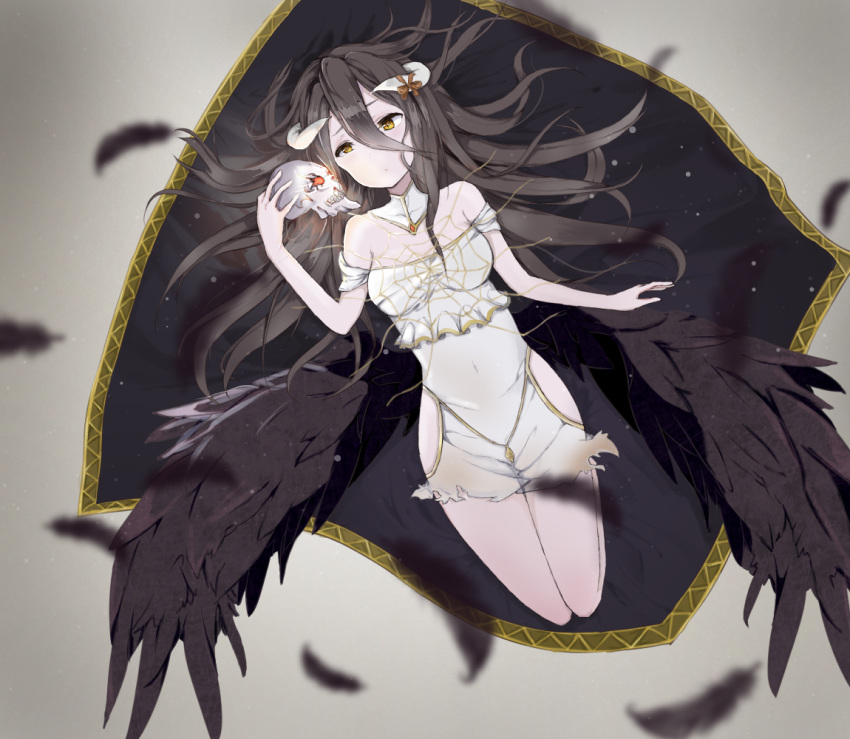 1girl albedo black_hair black_wings blurry breasts carpet closed_mouth demon_horns depth_of_field detached_collar dress feathered_wings feathers from_above full_body hair_between_eyes hand_up holding_skull horns long_hair looking_at_another lying medium_breasts on_back overlord_(maruyama) pale_skin sagoshi short_dress silk solo spider_web torn_clothes torn_dress white_dress wings