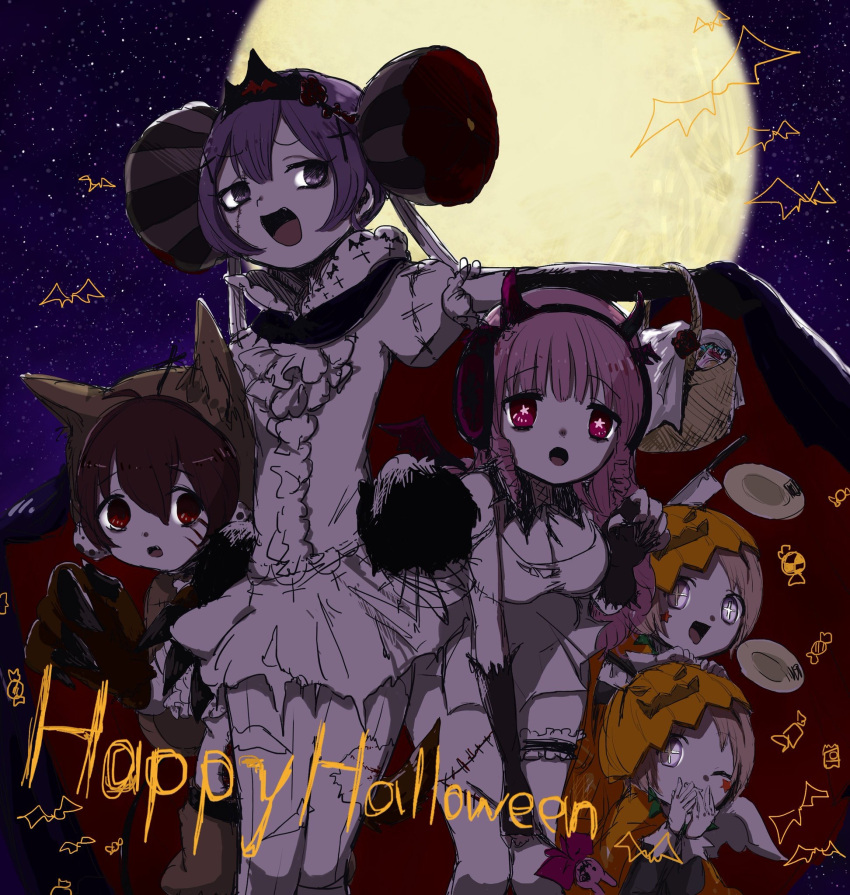 5girls full_moon halloween halloween_costume highres mahou_shoujo_ikusei_keikaku minael moon multiple_girls night ruler_(mahoiku) swim_swim taega_chima tama_(mahoiku) yunael