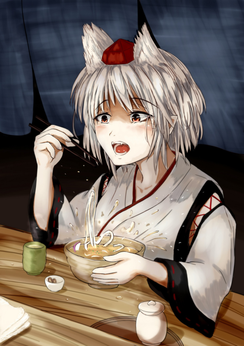 1girl animal_ears bowl chopsticks countertop cup curtains eating failure fangs hat highres inubashiri_momiji kagami_toufu kourindou_tengu_costume looking_to_the_side open_mouth pointy_ears red_eyes short_hair solo splashing tokin_hat touhou udon white_hair wolf_ears yunomi