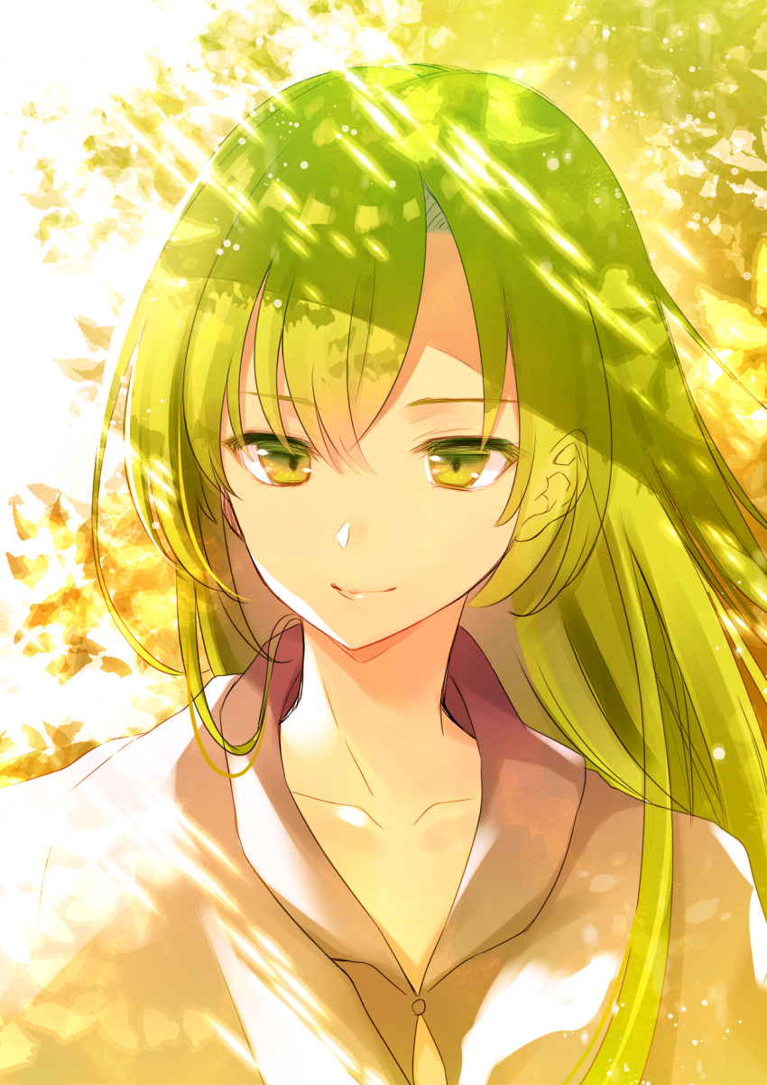 androgynous bangs closed_mouth collarbone dappled_sunlight enkidu_(fate/strange_fake) eyebrows_visible_through_hair fate/strange_fake fate_(series) green_hair highres long_hair looking_at_viewer shade smile solo sunlight tougetsu_hajime upper_body yellow_eyes