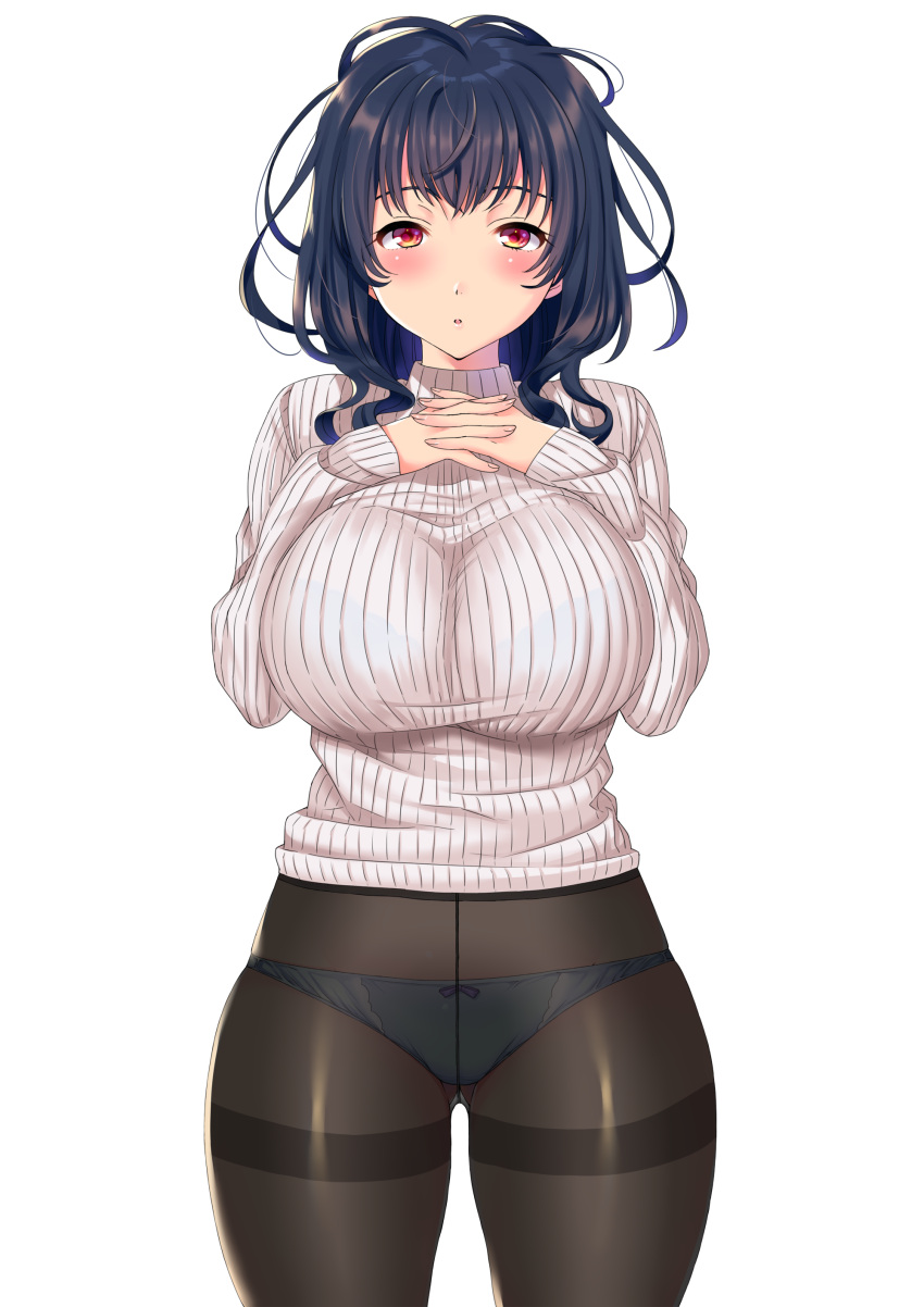 1girl absurdres arms_at_sides bangs black_hair black_legwear blue_panties blush bow bow_panties breasts cowboy_shot crotch_seam eyebrows_visible_through_hair gluteal_fold hands_on_own_chest highres huge_breasts interlocked_fingers looking_at_viewer nanatsu_(pixiv1467365) original own_hands_together panties panties_under_pantyhose pantyhose parted_lips red_eyes ribbed_sweater simple_background sleeves_past_wrists solo sweater thighband_pantyhose thighs turtleneck turtleneck_sweater underwear white_background