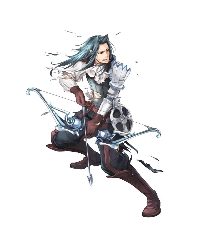 1boy arrow blue_hair boots bow_(weapon) brown_eyes fire_emblem fire_emblem:_kakusei fire_emblem_heroes full_body gloves highres long_hair male_focus official_art quiver solo teeth torn_clothes transparent_background viole_(fire_emblem) wada_sachiko weapon