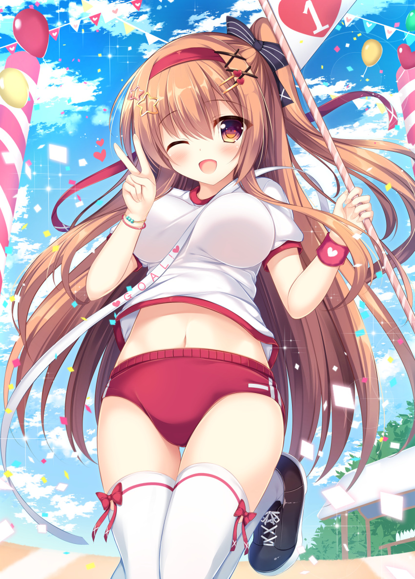 1girl bangs between_breasts black_ribbon blue_sky blush breasts brown_eyes brown_hair buruma cleats clouds cloudy_sky confetti cowboy_shot day eyebrows_visible_through_hair finish_line gym_uniform hair_between_eyes hair_ornament hairband hairclip heart highres holding large_breasts long_hair looking_at_viewer moe2017 navel one_eye_closed one_side_up open_mouth original outdoors pennant red_ribbon ribbon side_ponytail sky smile solo sports_festival star star_hair_ornament striped striped_ribbon thigh-highs thighs tomoo_(tomo) track very_long_hair white_legwear white_ribbon wristband x_hair_ornament