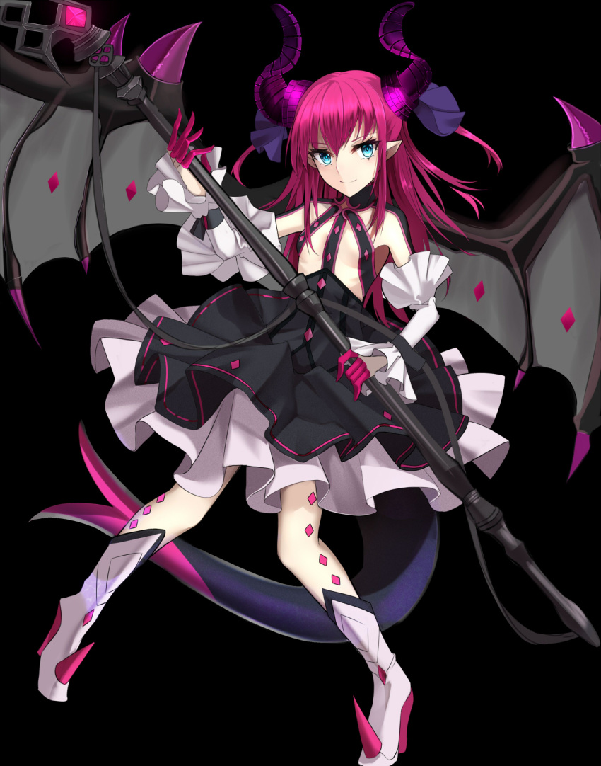 1girl bangs black_background black_skirt blue_eyes boots breasts closed_mouth detached_sleeves dragon_girl dragon_horns dragon_tail dragon_wings fate/extra fate/extra_ccc fate_(series) full_body hair_between_eyes highres holding holding_weapon horns lancer_(fate/extra_ccc) layered_skirt long_hair looking_at_viewer pointy_ears polearm purple_hair shiguru simple_background skinny skirt small_breasts smile solo tail tsurime two_side_up weapon white_skirt wings