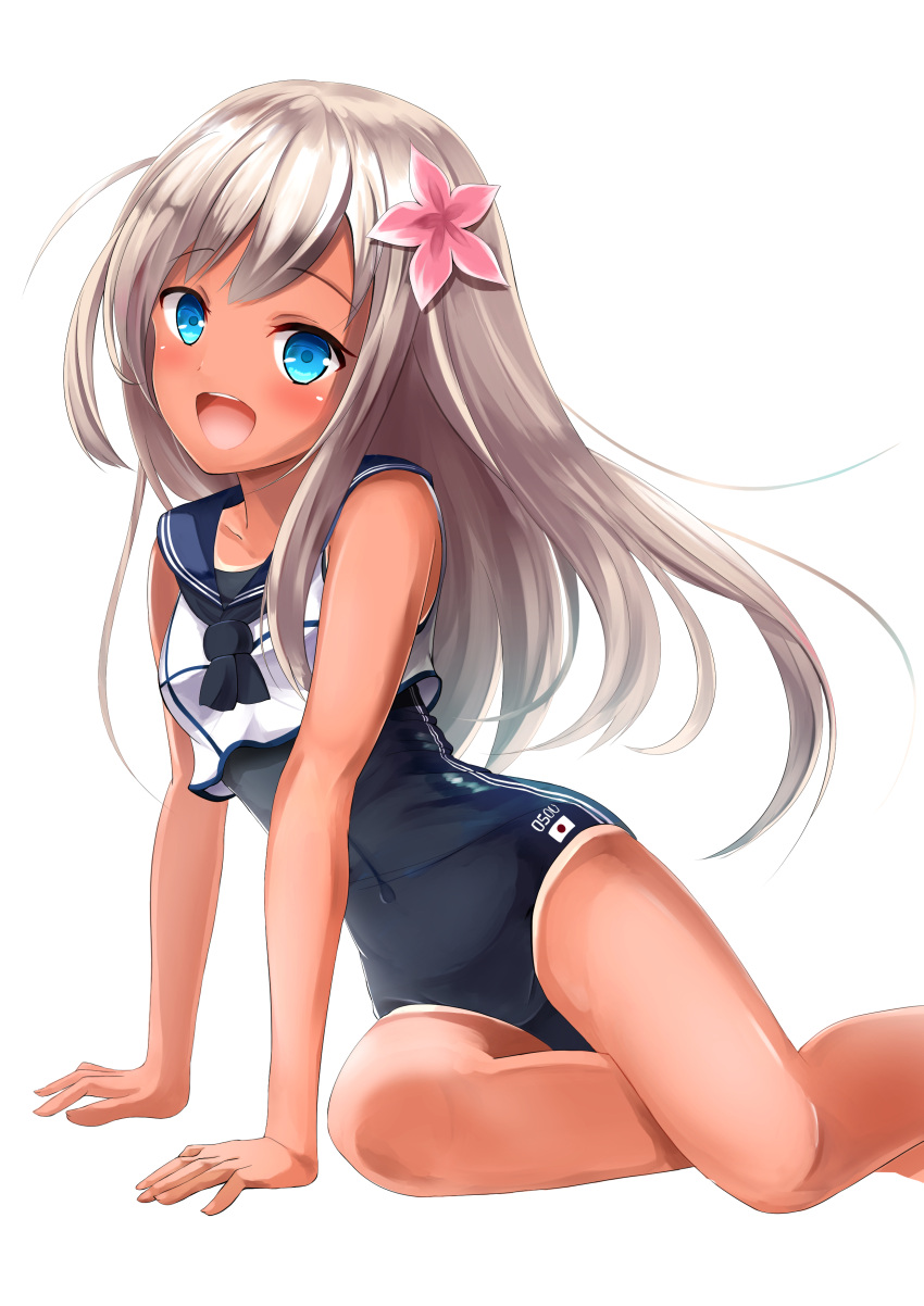 1girl absurdres blonde_hair blue_eyes crop_top flower hair_flower hair_ornament highres kantai_collection kuroganeruto long_hair looking_at_viewer one-piece_tan open_mouth ro-500_(kantai_collection) school_swimsuit simple_background solo swimsuit swimsuit_under_clothes tan tanline white_background