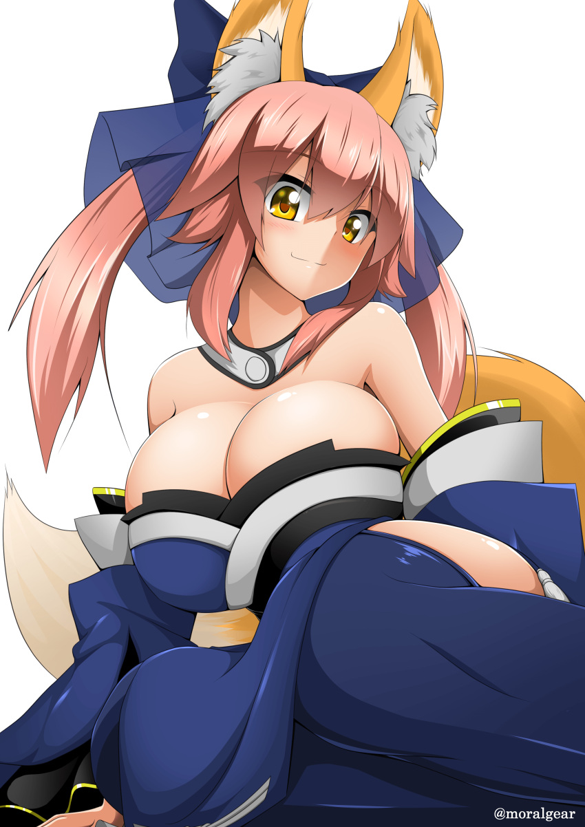 1girl absurdres animal_ears blue_bow blush bow breasts cleavage closed_mouth detached_collar detached_sleeves eyebrows_visible_through_hair fate/extra fate_(series) fox_ears fox_tail hair_between_eyes hair_bow hair_ribbon highres huge_breasts japanese_clothes large_bow long_hair looking_down moralgear pink_hair ribbon sidelocks sitting skindentation smile solo tail tamamo_(fate)_(all) tamamo_no_mae_(fate) transparent_background twintails twitter_username yellow_eyes yokozuwari