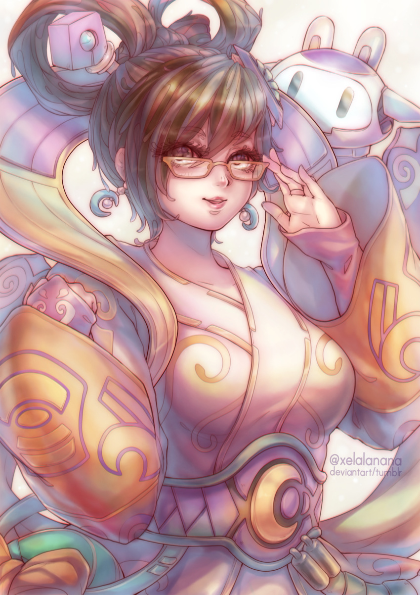 :d adjusting_glasses animal_ears arm_guards artist_name breasts brown_hair chang'e_mei china_dress chinese_clothes collarbone dress earrings eyebrows_visible_through_hair eyelashes floating glasses hair_between_eyes hair_ornament hair_rings hairpin highres jewelry long_sleeves looking_at_viewer medium_breasts mei_(overwatch) moon open_mouth overwatch rabbit_ears red_lips robot sash shield simple_background smile snowball_(overwatch) upper_body watermark web_address white_background wide_sleeves xelalanana