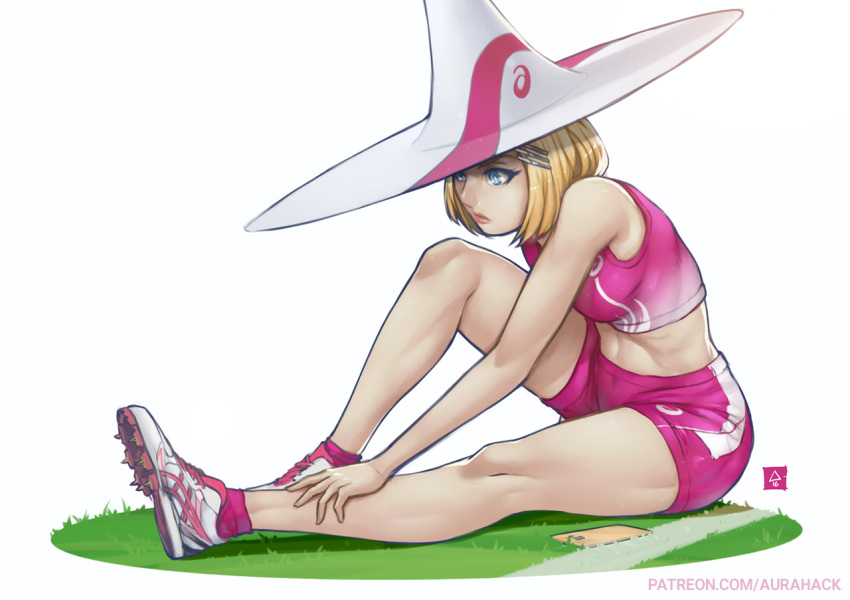 1girl blonde_hair blue_eyes breasts crop_top erica_june_lahaie full_body hair_ornament hairclip hat medium_breasts midriff navel original shoes short_shorts shorts signature sitting sneakers solo sports_bra stretch toned track_and_field watermark web_address witch_hat