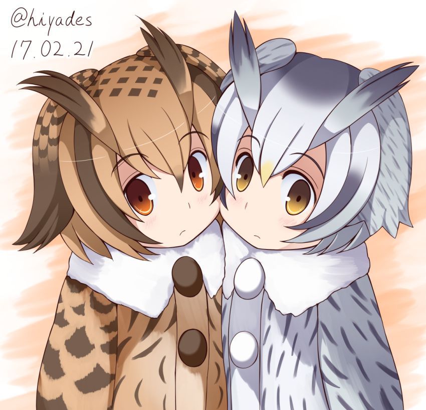 artist_name brown_eyes brown_hair buttons commentary_request eurasian_eagle_owl_(kemono_friends) fur_collar hiyades jacket kemono_friends northern_white-faced_owl_(kemono_friends) white_hair yellow_eyes